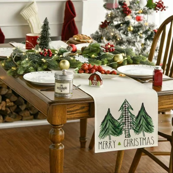 1Pc Merry Christmas Trees and Buffalo Plaid Tree Table Runner White Background - Picture 2 of 4